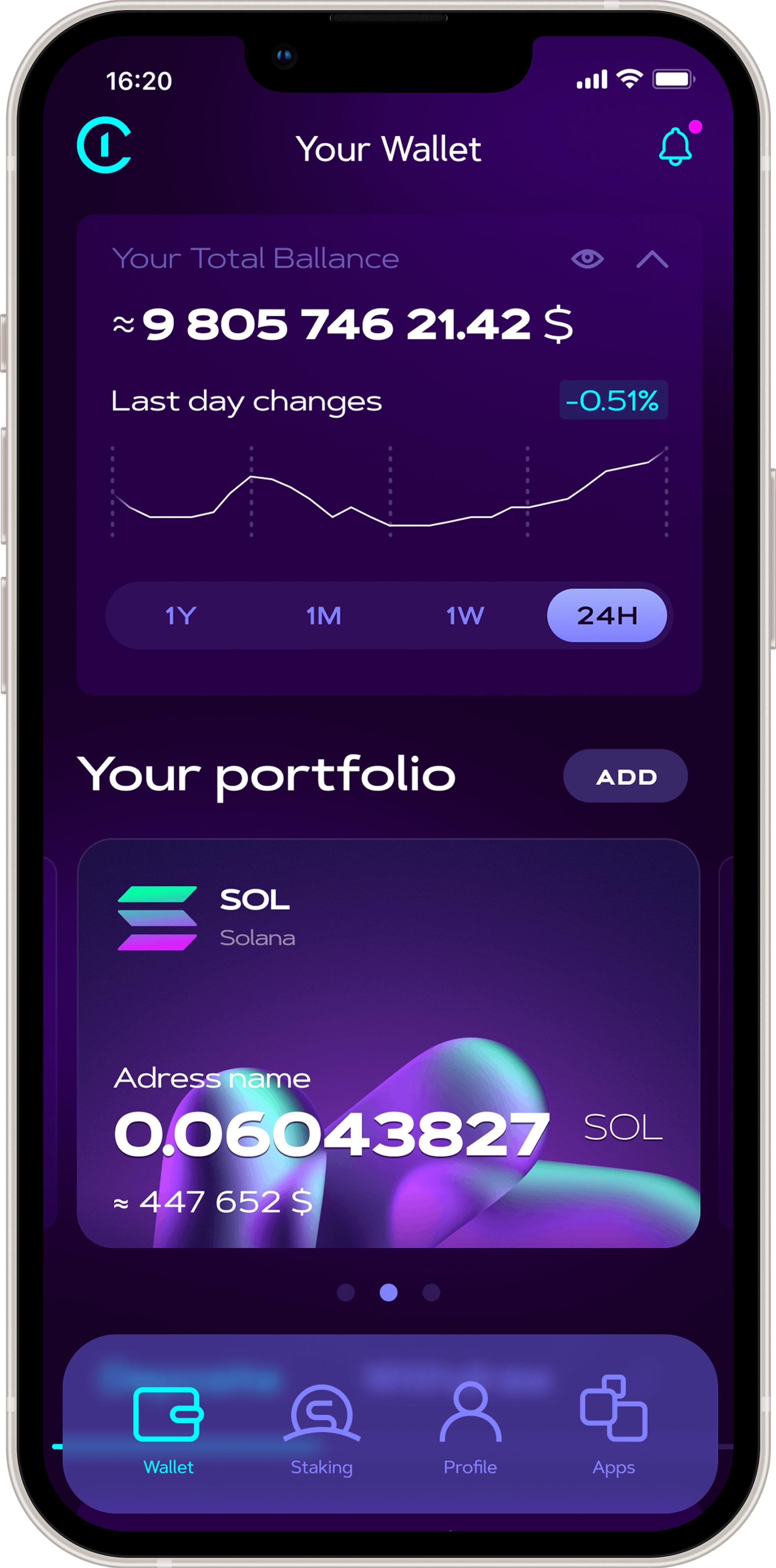 Cluster One wallet home screen with total balance, activity chart, portfolio cards, and access to wallet, staking, profile, and apps.