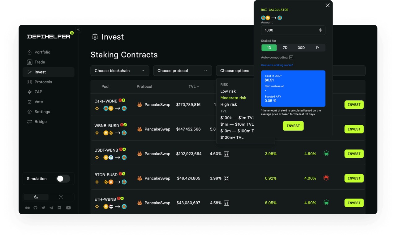 Defihelper invest screen with staking contracts table and ROI calculator overlay.